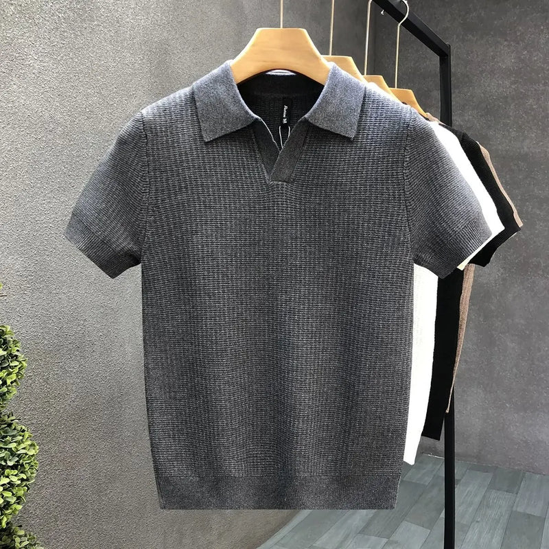 Men's Summer Polo Shirt Korean Style Slim Wrinkle Resistant Collar Solid Color.