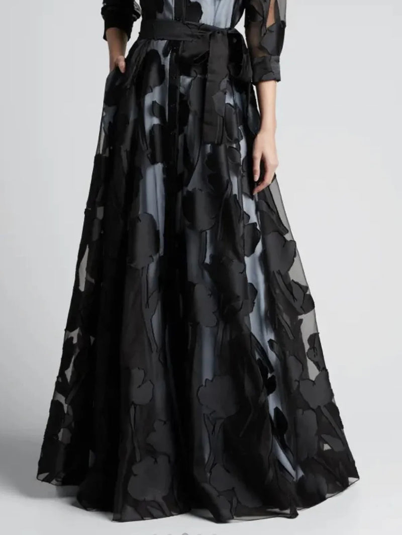 Elegant Three-Quarter Sleeve Knotted Waist Jacquard Mesh Maxi Dress for Women.