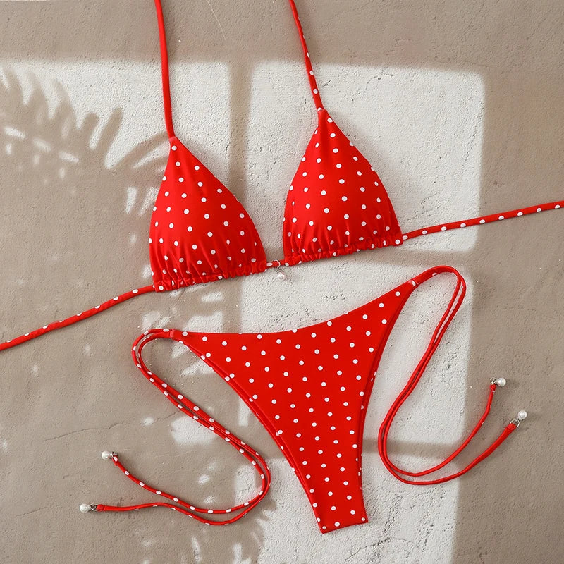 Sexy Micro Bikinis Sets Pearl Dot Print Swimwear Bathing Suit Woman.