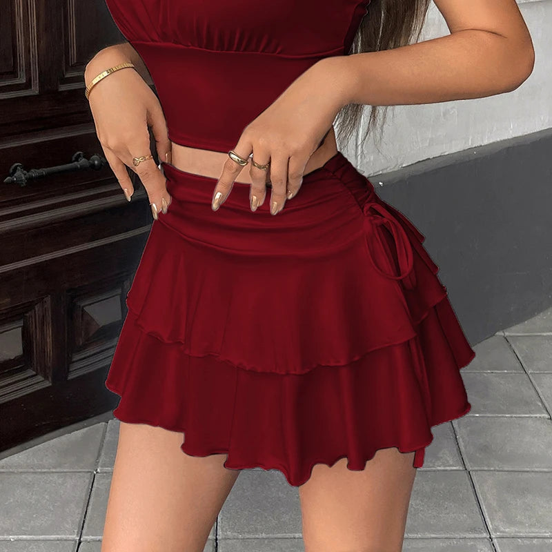 Solid Color Ruffles Mini Skirts Women Korean Summer High Waist.