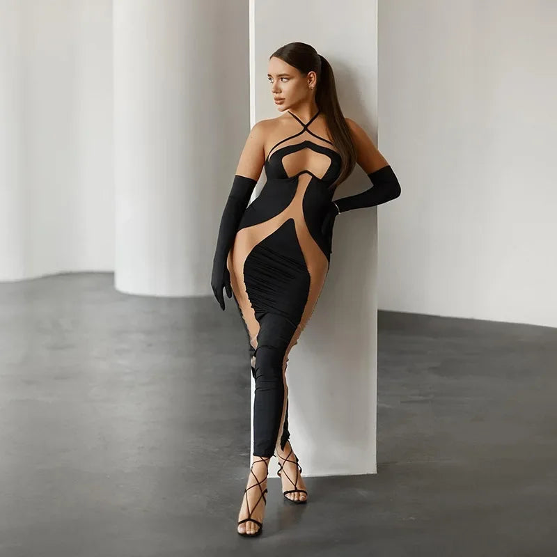 Mesh Patchwork Halter Neck Dresses for Women.