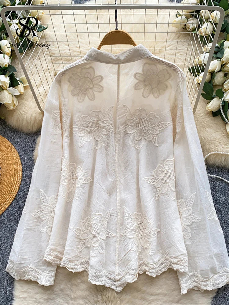 Floral Embroidery Romantic Blouse Button Long Sleeve French Loose Chic Top Female.