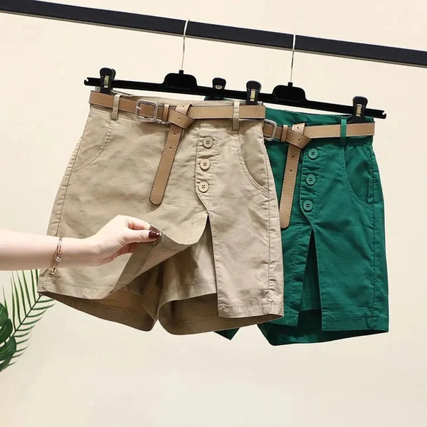 Chic Shorts Women Belt Korean Solid Buttons Side Slit A-line Streetwear.