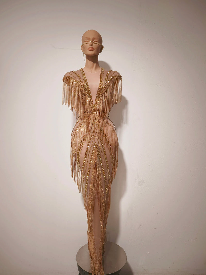 Women Sexy Mesh Sparkly Rhinestone Tassels Stretch Long Dress.
