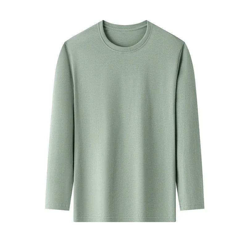 Men's Solid Color Round Neck Cotton Long Sleeved T-shirt.