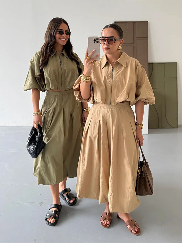 Spring Short Top Women 2 Pieces Set Elegant Turn-down Puff Sleeve Zipper.