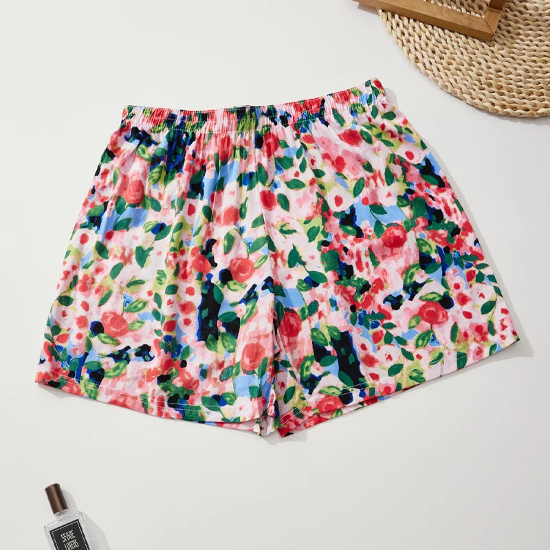 Women's Summer Shorts Floral Checkered Viscose Loose Home Shorts.