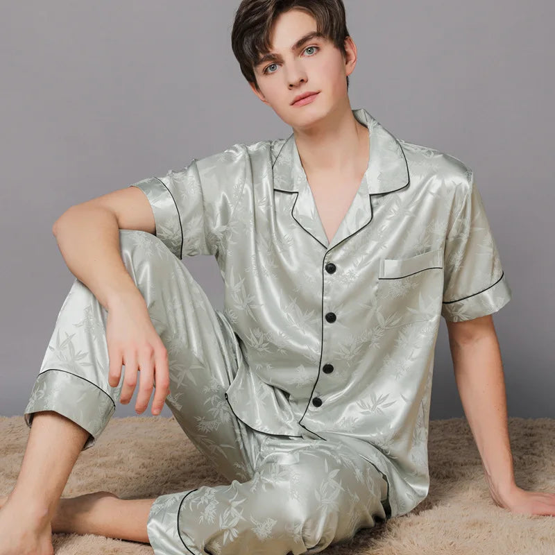 Men Ice Silk Pajamas Suit Summer Plus Size.