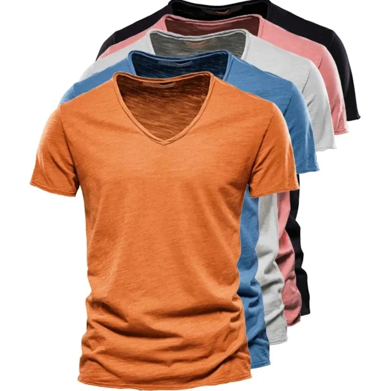 Spring Summer Cotton T Shirts Men Simple VNeck Stretch.