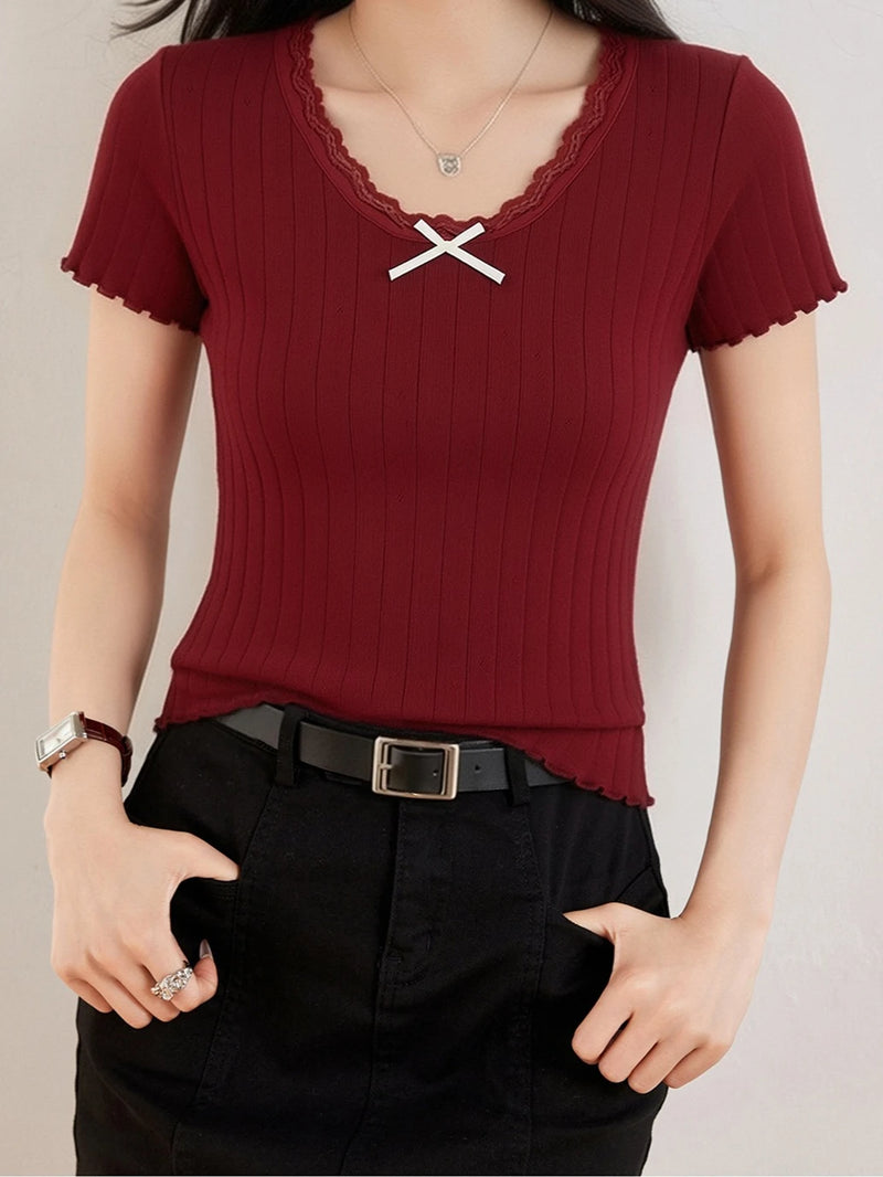 Korean Retro Front-Tie Bowknot Lace Jacquard Short Sleeve T-Shirt.