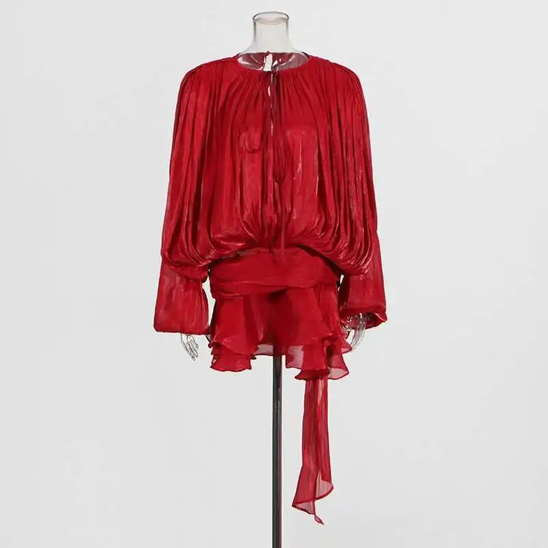 TWOTWINSTYLE Solid Blouse Mini Dresses For Women V Neck Long Sleeve.