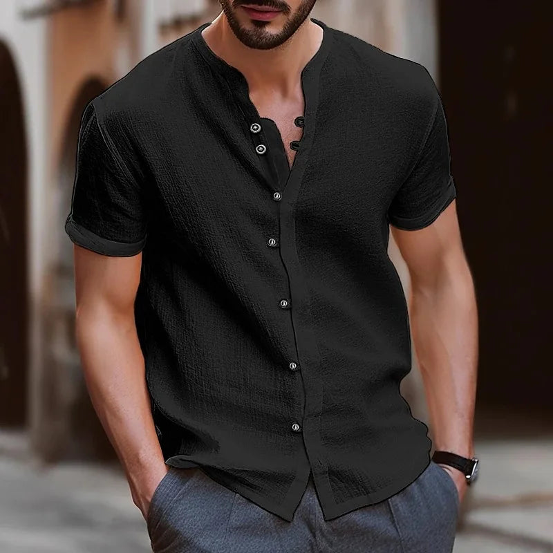 Men's Simple Texture Linen Round-neck Short-sleeve Button-down Solid-color.