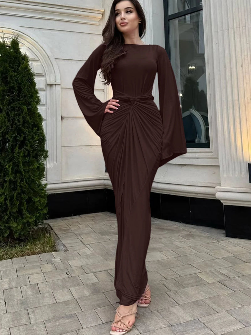 Dulzura Autumn Fashion Elegant O-Neck Long Flare Sleeve Ruched Slim Fit Ribbon.