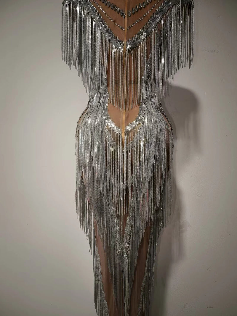Women Sexy Mesh Sparkly Rhinestone Tassels Stretch Long Dress.