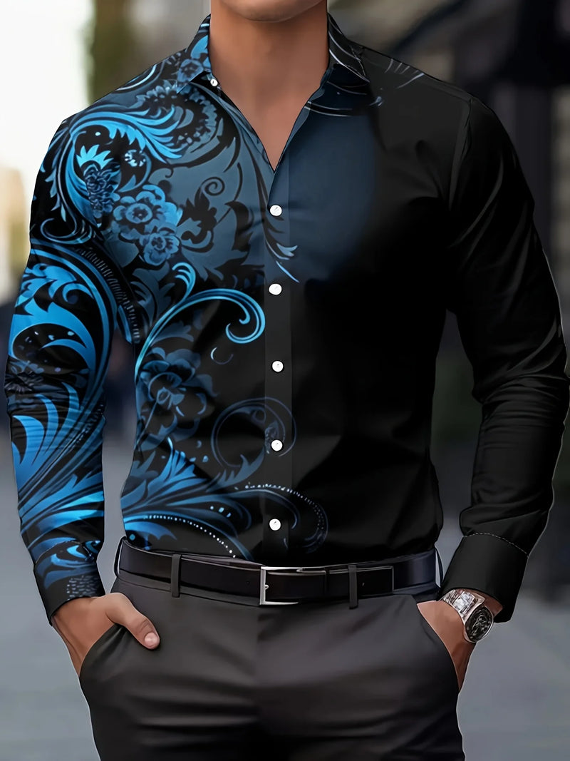 Men's Stylish Red Floral Print Dress Shirt - Casual Long Sleeve Button-Up.