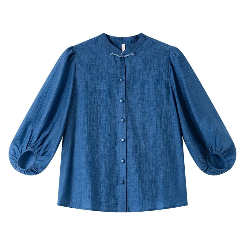 VIMLY Elegant Women Shirt Spring Autumn Chinese Style Lantern Sleeve.