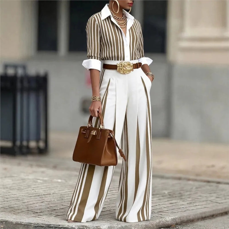 Spring Autumn Fashion Printed Striped Long Sleeve Shirt Women Suit.