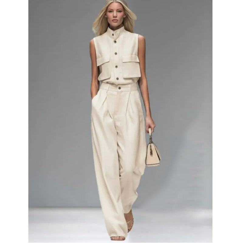 Fashion Stand-up Collar Single-breasted Pocket Vest Women Trousers Suit Spring Summer.