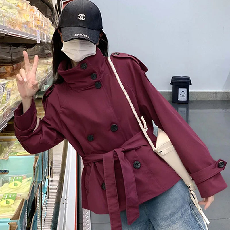 Belted Waist Cropped Trench Jackets Women Double Breasted Stand Collar.
