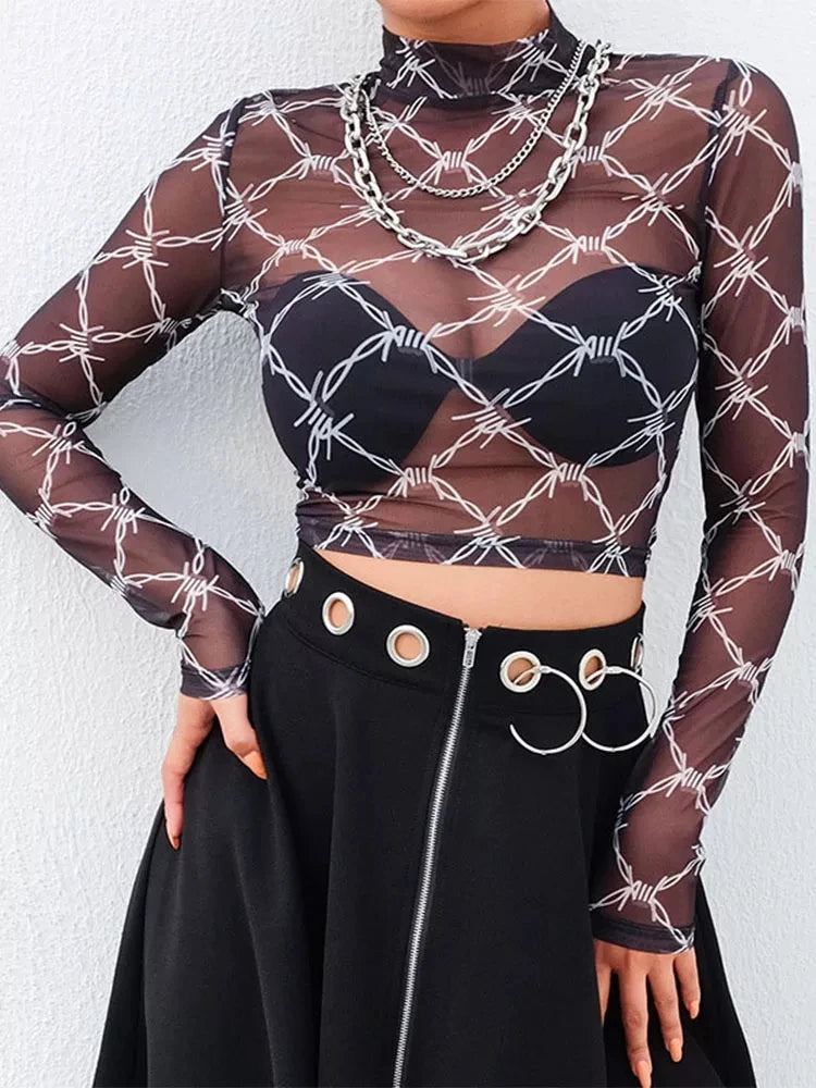 Mesh Tee Shirt Femme Sexy Long Sleeve Crop Top Chain Print T Shirt Women.
