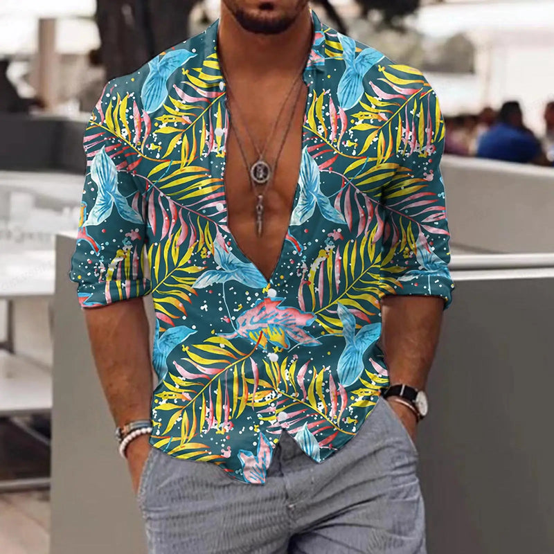 New Trend Men's Shirts Casual Floral Printed Lapel Button Long Sleeve.