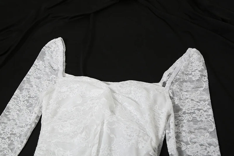 Women’s Goth Dark Fairycore Lace Flare Sleeve Square Neck A-line Dress.