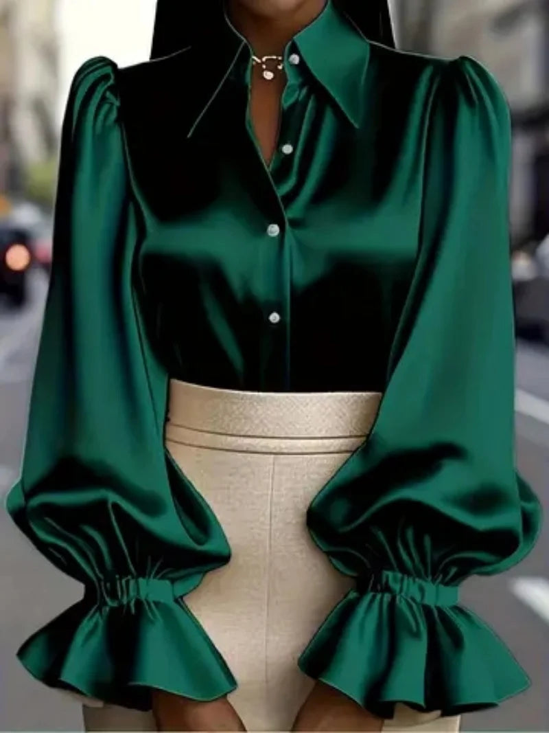 Elegant Satin Blouse with Ruffled Cuff Sleeves and Button-Down Collar.