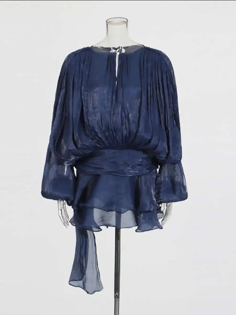 TWOTWINSTYLE Solid Blouse Mini Dresses For Women V Neck Long Sleeve.