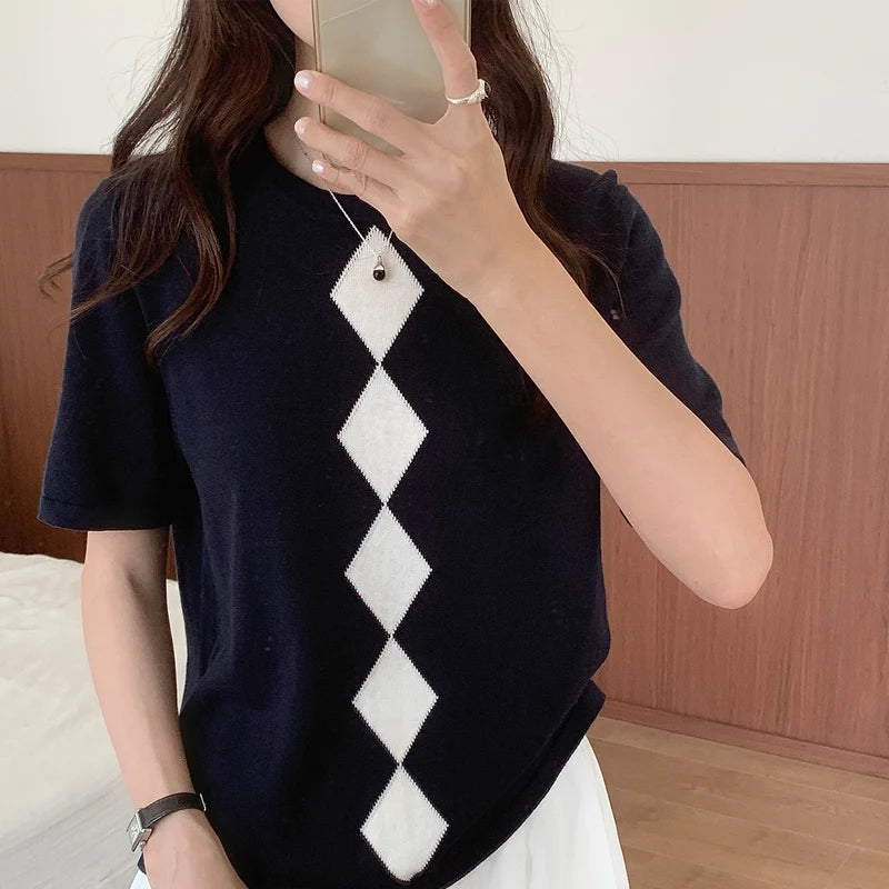 Summer Women's Cotton Casual T-Shirt Knitted Pullover Short Sleeve.