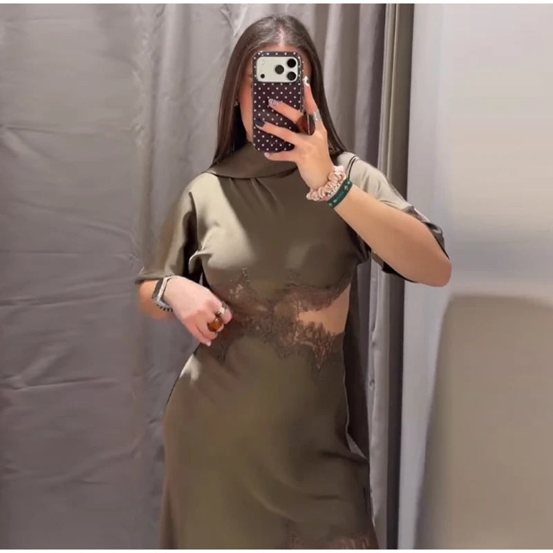 Lace Hollow Out Women Mini Dress Elegant Satin Scarf.