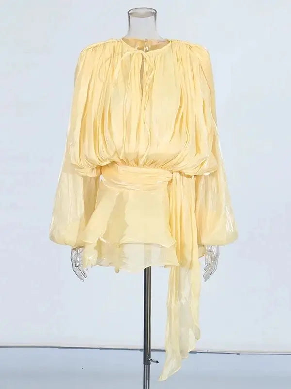 TWOTWINSTYLE Solid Blouse Mini Dresses For Women V Neck Long Sleeve.