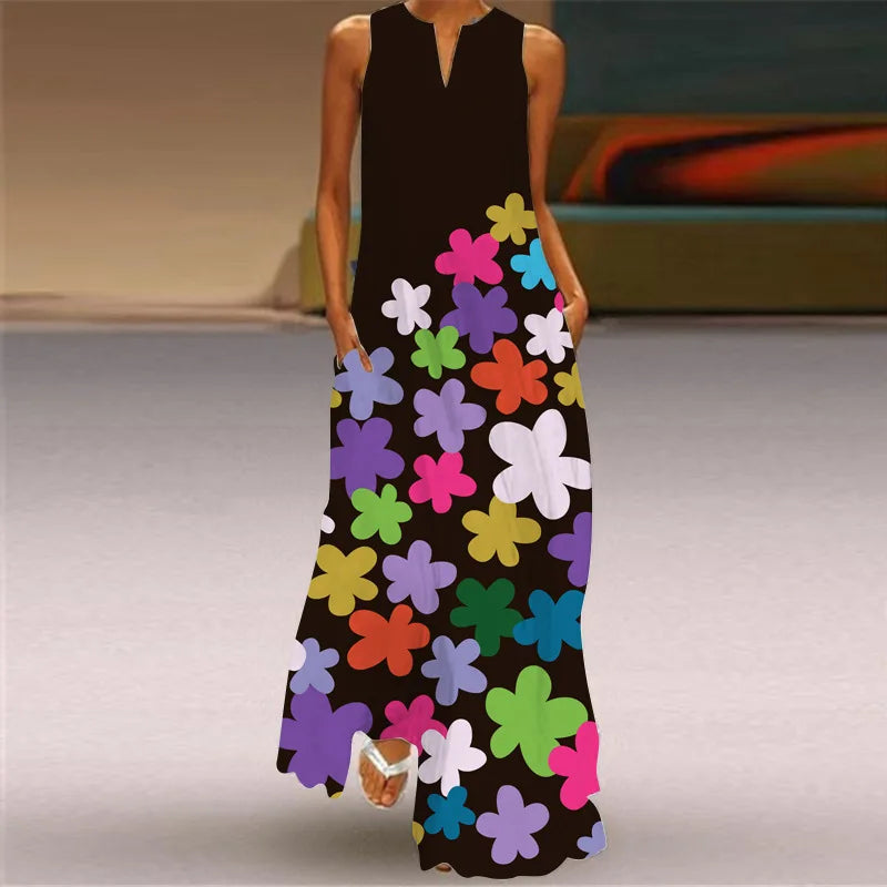 3D Floral Printed Dress Summer Vintage V-neck Sleeveless Loose Maxi Dress Elegant.