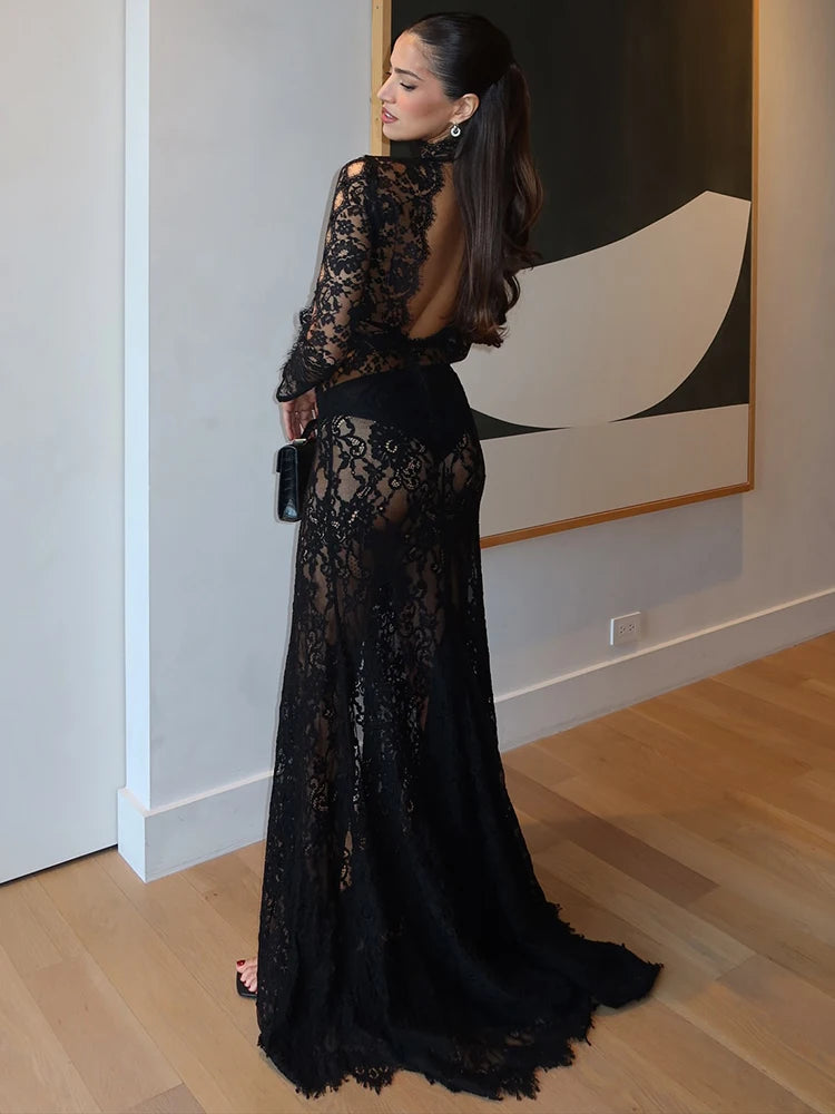Women’s VC Black Lace Cut Out Long Dress Backless High Split.