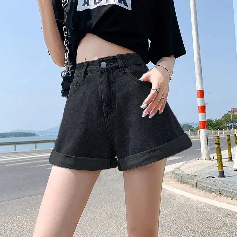 Summer Women Denim Shorts High Waist Blue Cotton Wide-leg Short.