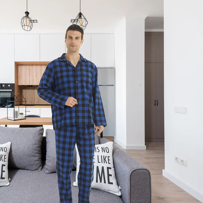 Mens Flannel Pajama Sets Cotton Plaid Pajamas for Men Pjs Set.