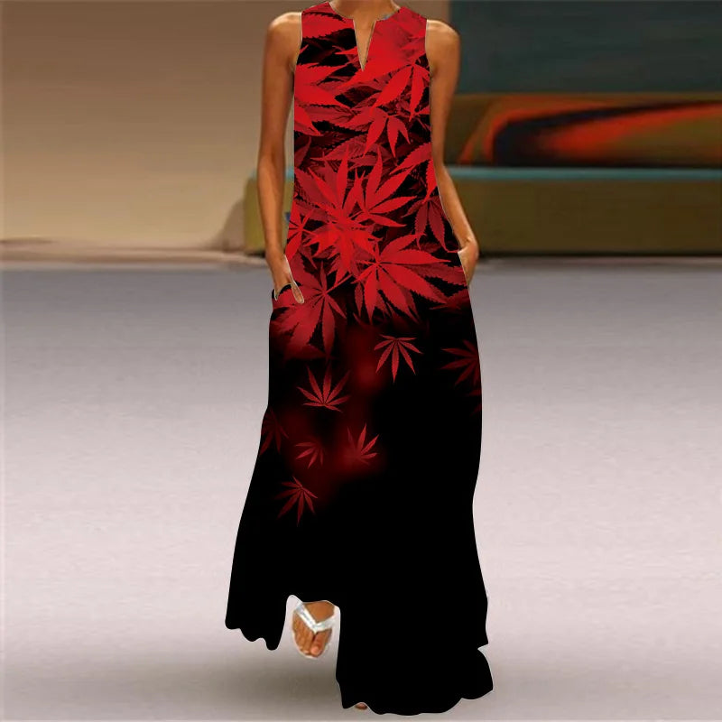 3D Floral Printed Dress Summer Vintage V-neck Sleeveless Loose Maxi Dress Elegant.
