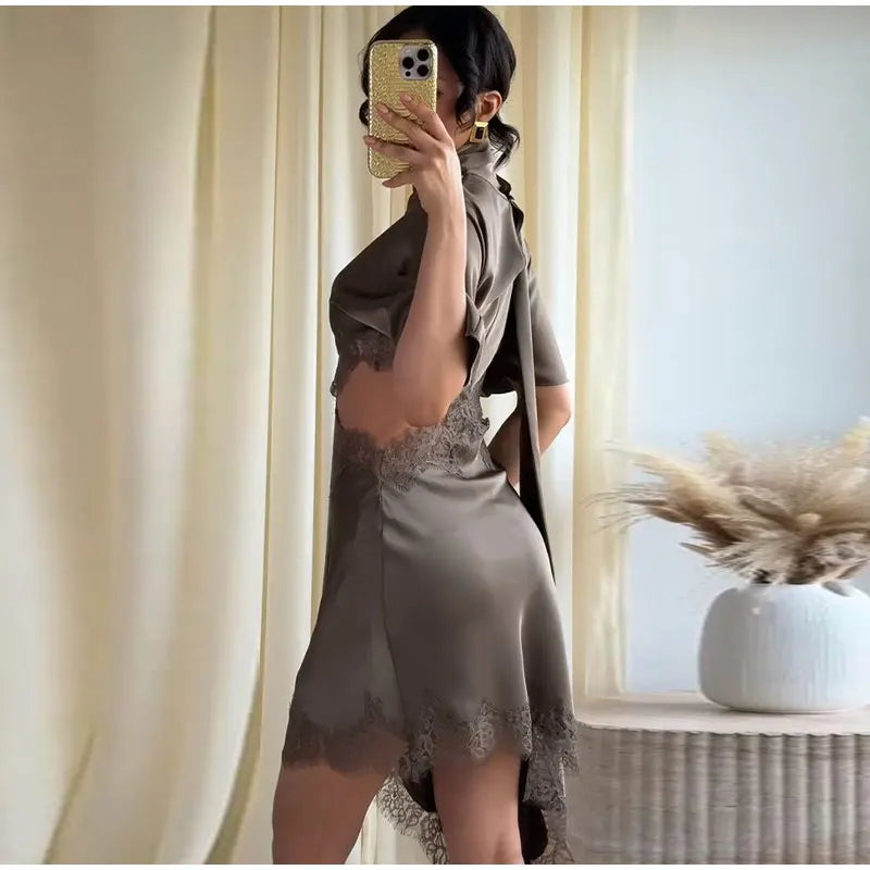 Lace Hollow Out Women Mini Dress Elegant Satin Scarf.