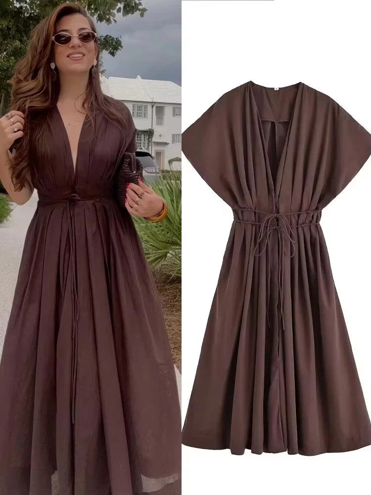 Women's New Fashion V-neck Pleated Down Shoulder Short Sleeve Midi Dress.