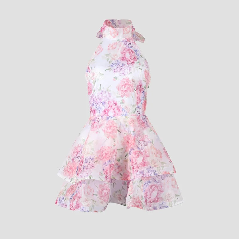 Women’s Chic Floral Printed Mini Dress Backless Sleeveless.
