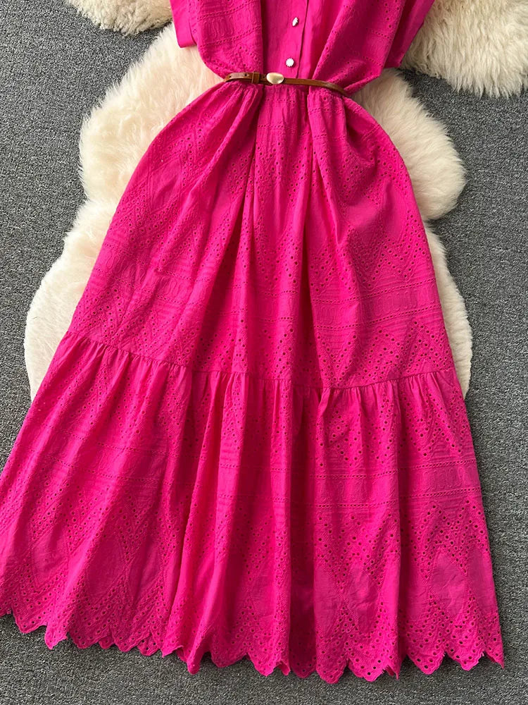 Women Summer Dress Loose Breasted Lace Up Long Dress.