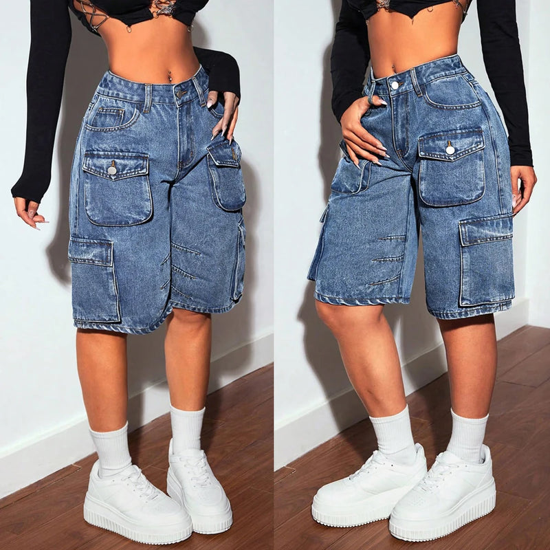 Fashion Pockets Women Acid Wash Cargo Denim Shorts.