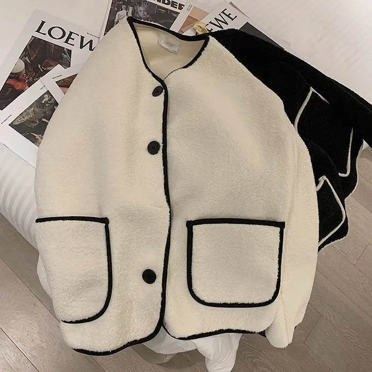Khaki round Neck Lamb Fur Jacket Women's Loose Fit Short Size.
