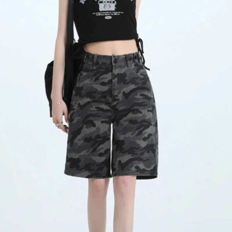 Women's High Waist Loose Straight Leg Camouflage Denim Shorts.