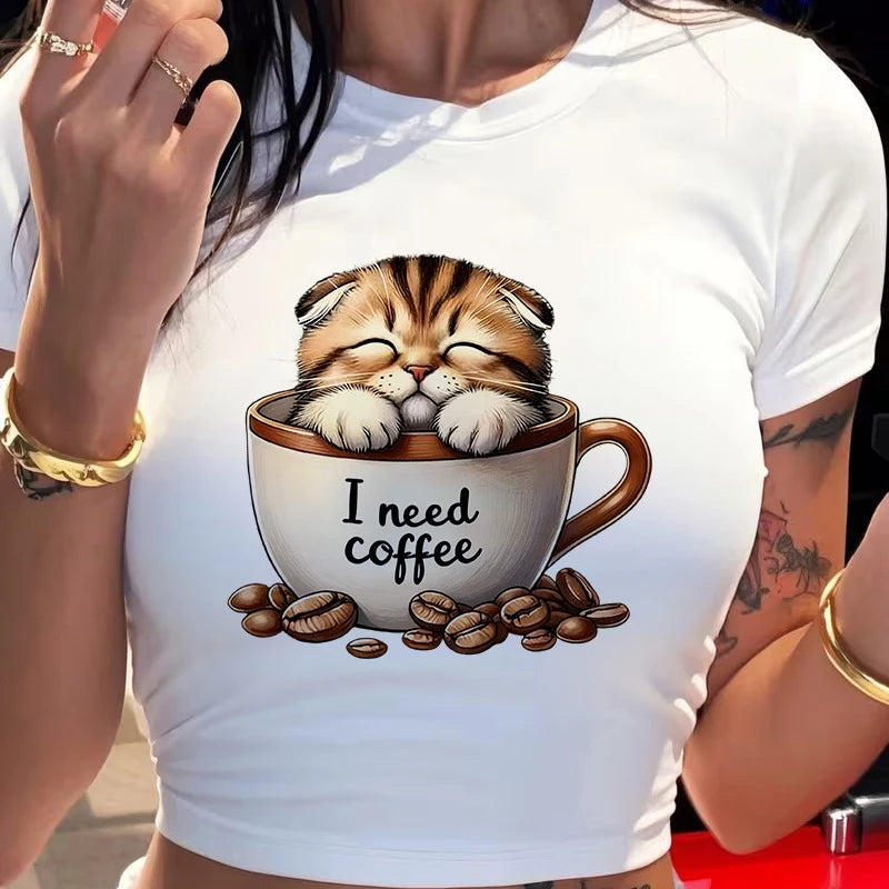 Funny Cat and Coffee Print Sexy Crop Tops for Woman Crew Neck Short Sleeve.