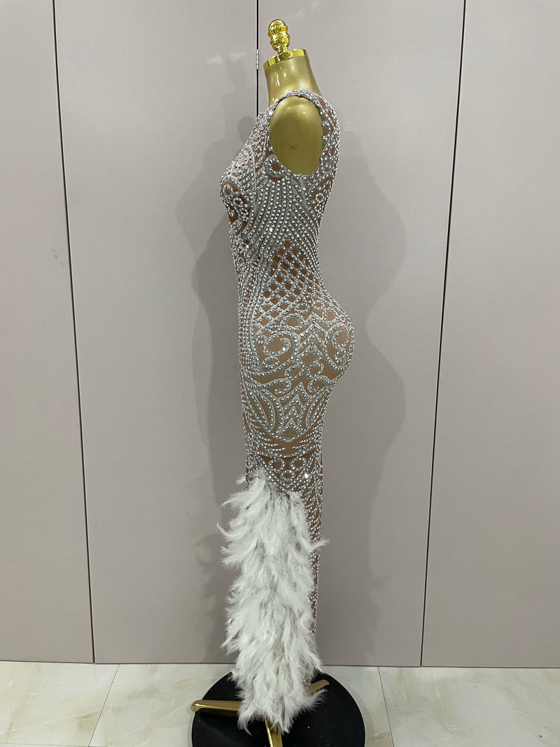 Women Sparkly Rhinestone Feathers Sleeveless O Neck Bodycon Long Dress.