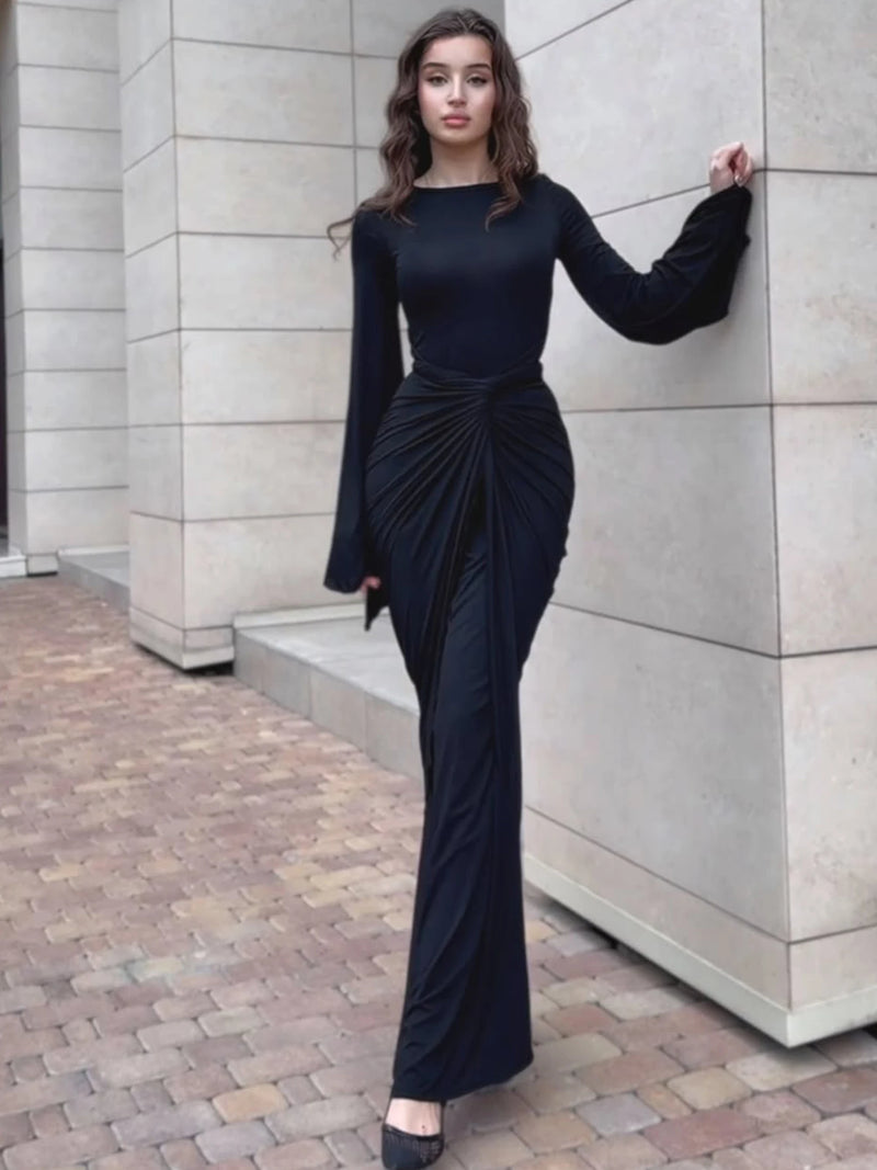 Dulzura Autumn Fashion Elegant O-Neck Long Flare Sleeve Ruched Slim Fit Ribbon.