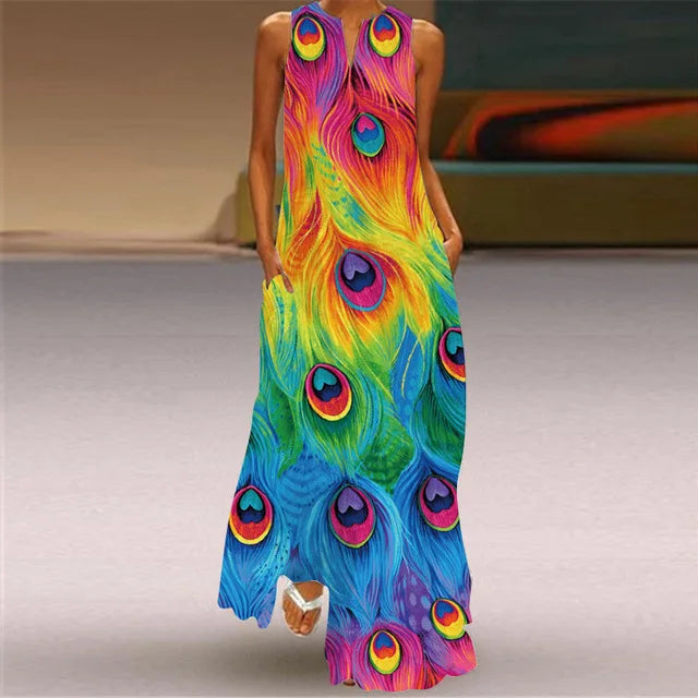 3D Floral Printed Dress Summer Vintage V-neck Sleeveless Loose Maxi Dress Elegant.