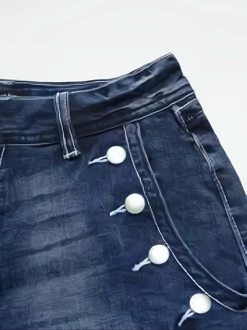 Ladies Mid-Waist Blue Elastic Denim Shorts.