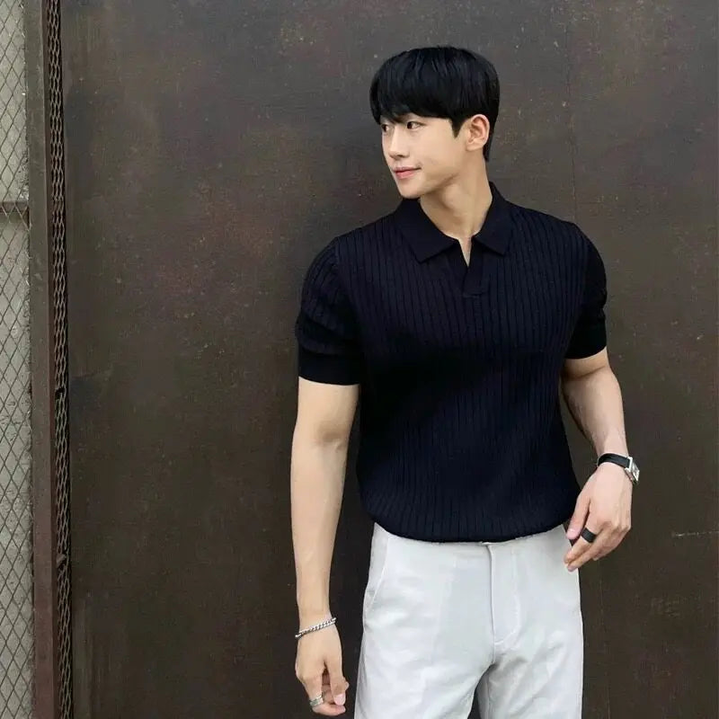 Men Slim Fit Polo Shirts Solid Stretch Sexy Collared TShirt Fashion.