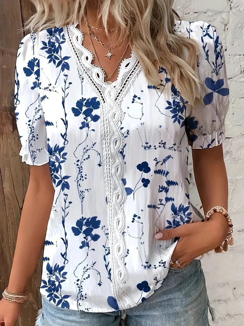 Fashion Casual Vacation Shirt Women Summer V Neck Hollow Out Solid Color.